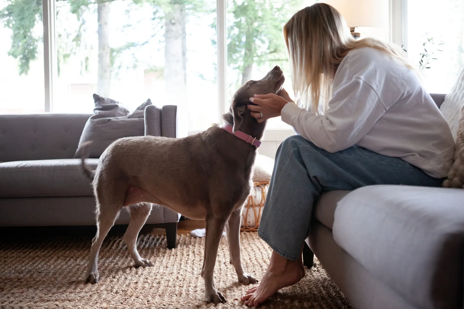 A woman gently petting her dog at home